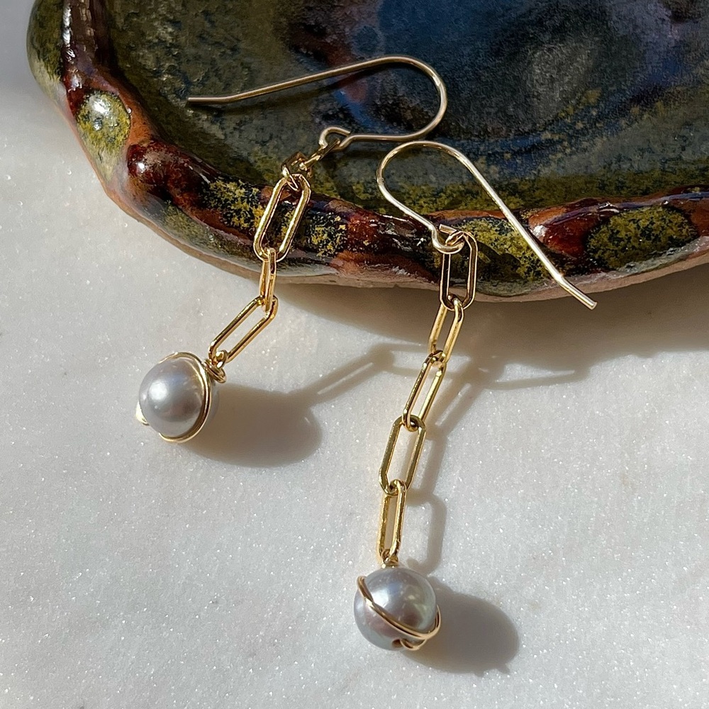 Gold Filled Paperclip Chain Freshwater Pearl Drop Earrings